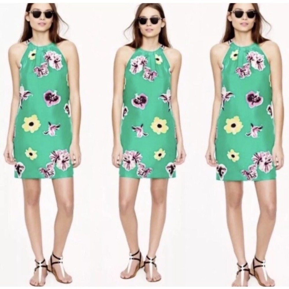 J. Crew Green Floral Silk Halter Swoop Mini Dress size‎ 4